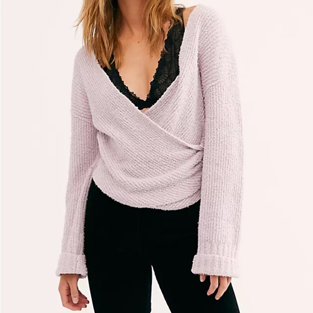 Free People Purple V-Neck Sweater with Lace Trim